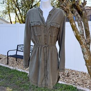 Bella Dahl Olive Utility Shirt Dress | Tie Waist | Button Front | Size M